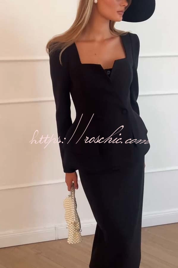 Sculptural Elegance Square Neck Button Blazer and Elastic Waist Pencil Midi Skirt Set