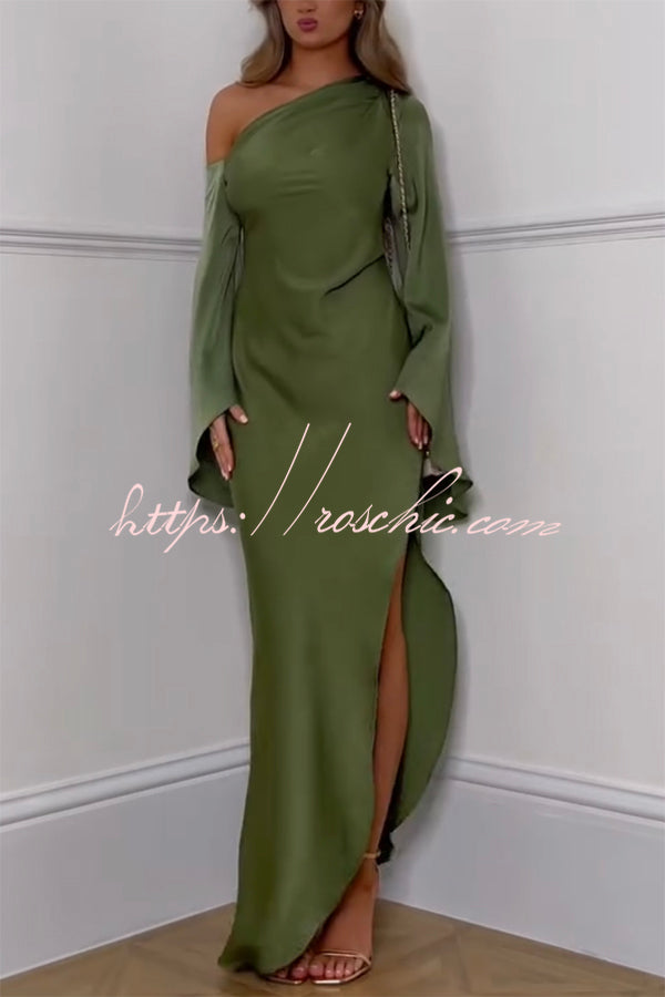 Zayla Satin Asymmetrical One Shoulder Bell Sleeve Slit Maxi Dress