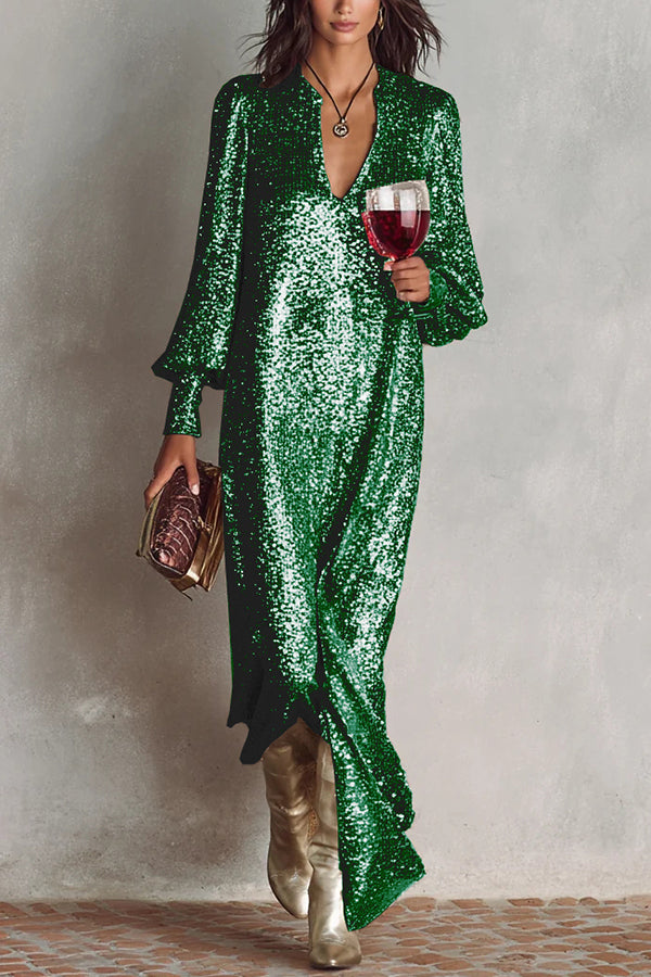 Minimalist Sparkling Sequin V-neck Long Balloon Sleeve Slit Party Maxi Dress, Green / S