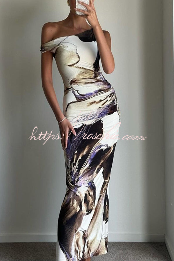 Charming Mentality Abstract Floral Print One Shoulder Stretch Maxi Dress