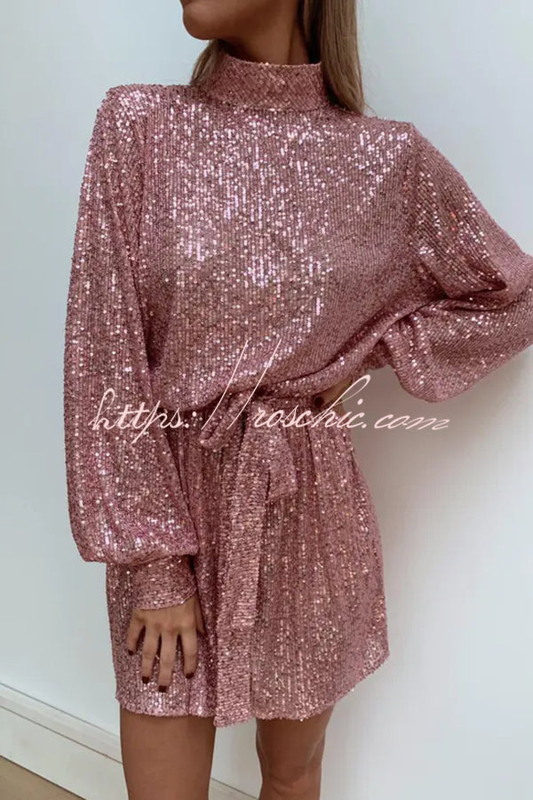 Fashionable Sequined Long-sleeved Belted Casual Mini Dress