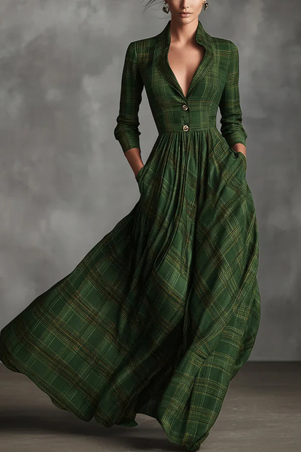 Retro Plaid Print Long-sleeved Shirt Style Casual Maxi Dress