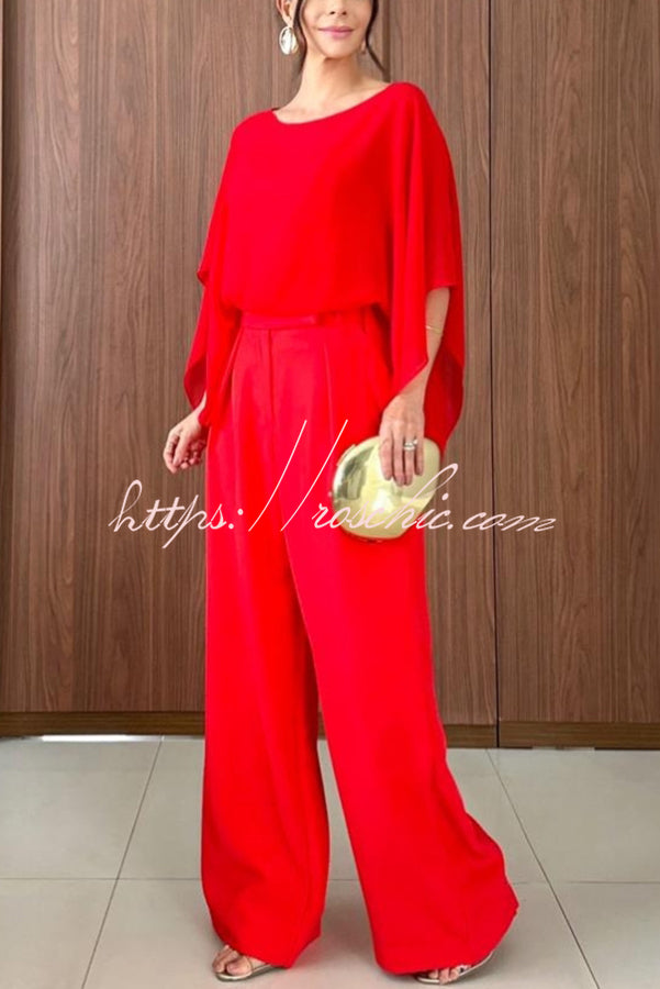Vanie Chiffon Cape Batwing Sleeve Top and High Waist Pocket Wide Leg Pants Set