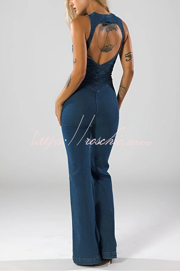 Fashionable Heart Hollow Back Slim High Waist Flared Denim Jumpsuit