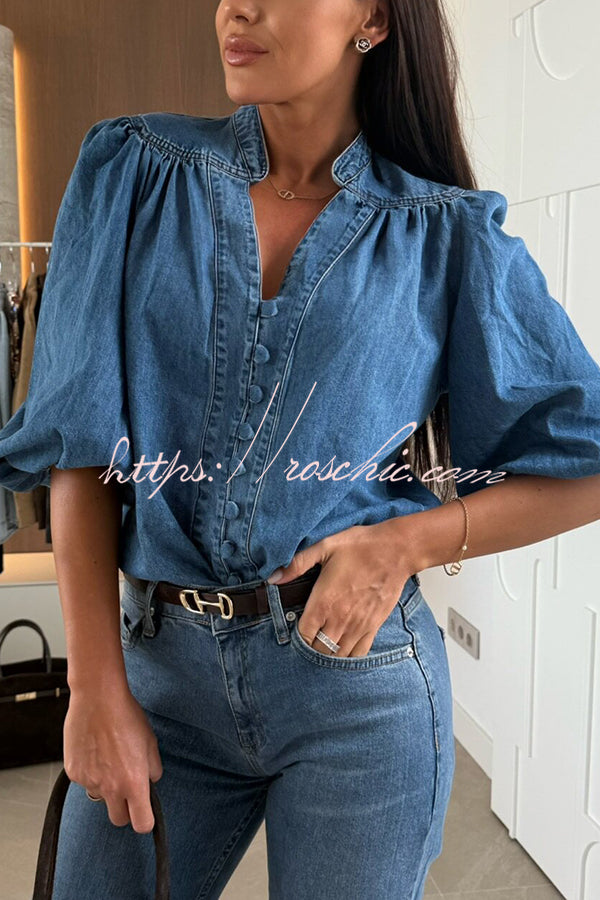 Fashion V-neck Button-down Lantern Sleeve Casual Denim Shirt