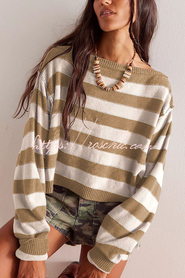 Striped Print Crew Neck Long Sleeve Loose Knitted Sweater