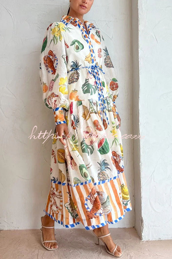 Hopeful Moments Tropical Fruit Print Balloon Sleeve Patchwork Shirt Midi Dress