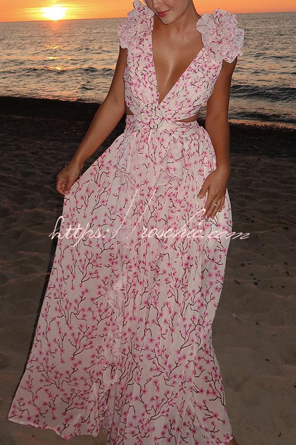 Lost in The Melody Chiffon Printed Flutter Sleeve Cutout Back Lace-up Maxi Dress