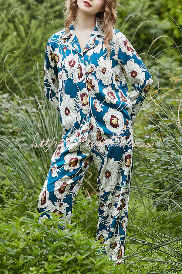 Blue and White Flower Print Home Long-sleeved Two-piece Set