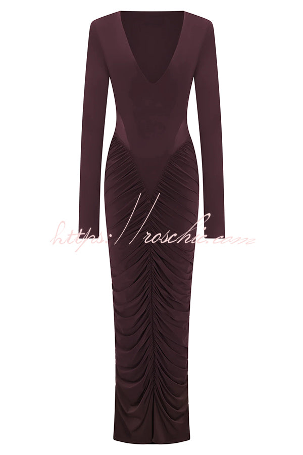 Sexy See-through Long-sleeved V-neck Pleated Slim-fit Maxi Dress
