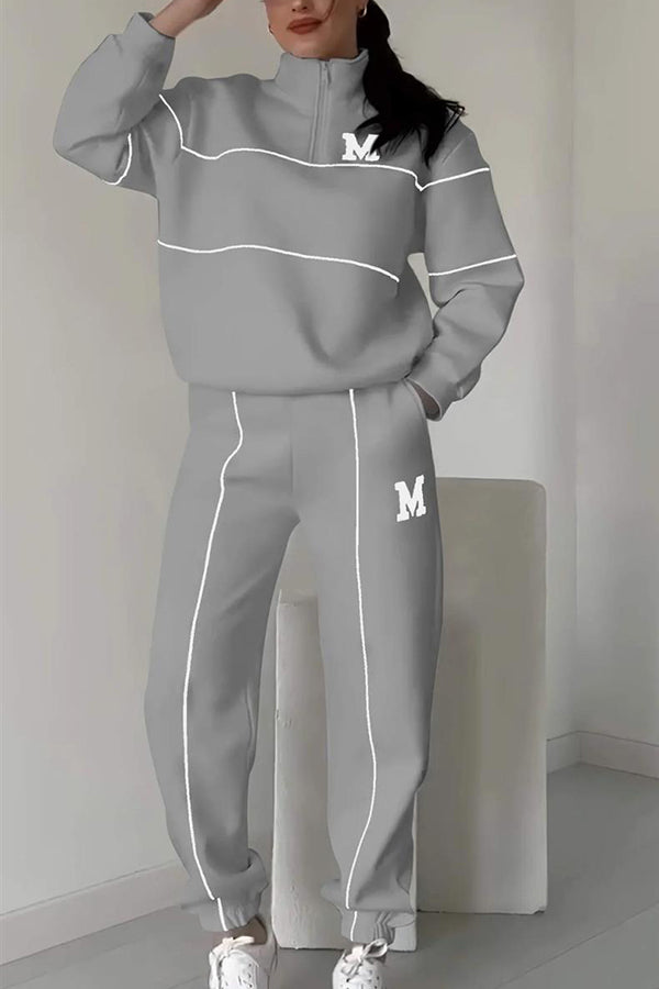 Fashionable Letter Striped Long-sleeved Sweatshirt and Elastic Waist Casual Pocket Pants Set