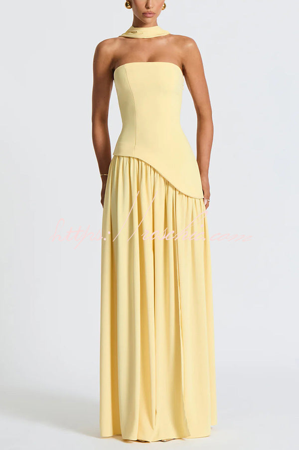 Elegant Off Shopulder Chiffon Pleated Hem Scarf Slit Maxi Dress