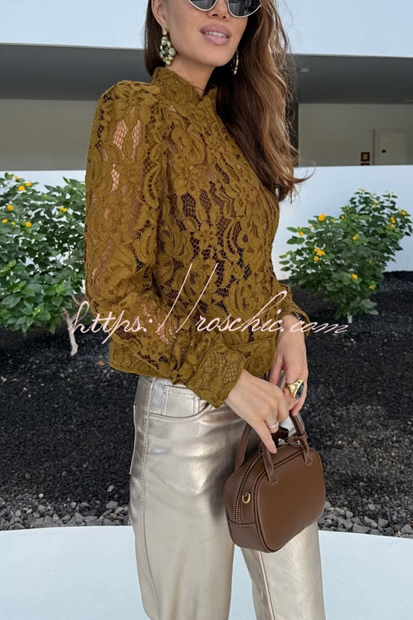 Palace Style Crochet Flower Lace Stand Neck Button Puff Sleeve Jacket