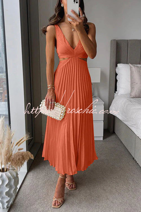 Summer Social Stain Pleated Cutout Waist Loose Midi Dress