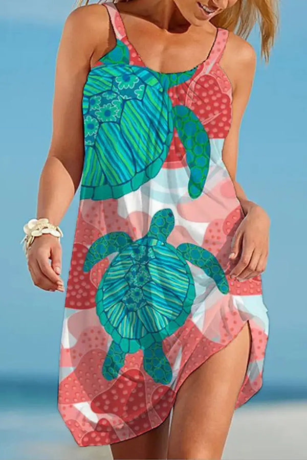 Liberty Island Ocean Turtle Printed Sling Beach Mini Dress