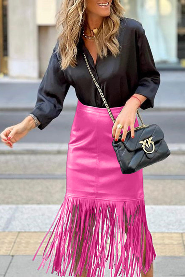 Haow Solid Color Fringed Paneled Leather Skirt