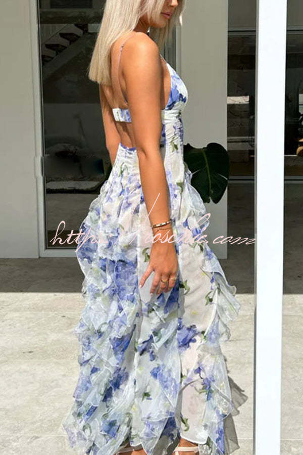 Sunrise Goddess Chiffon Roses Print Ruffles Tiered Trim Maxi Dress