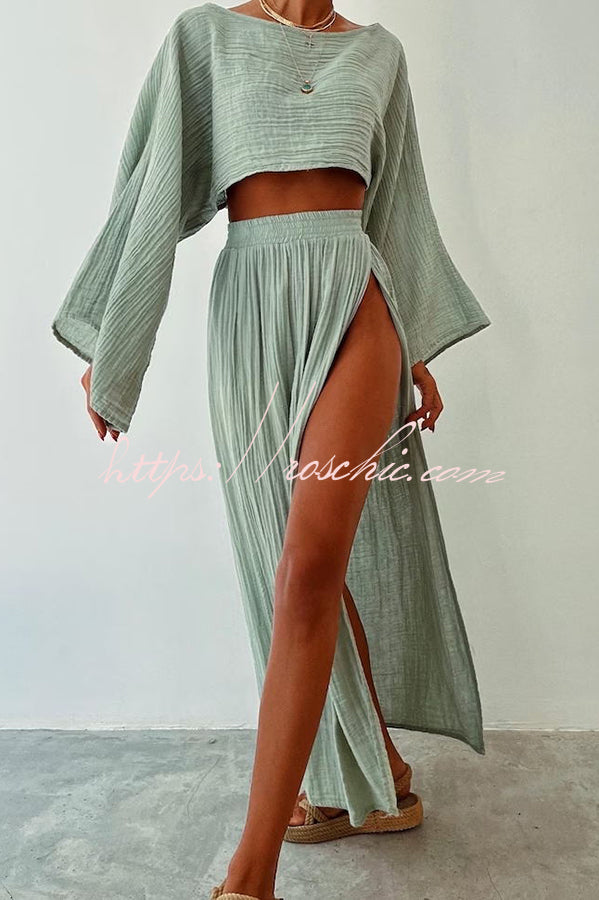 Boho Beach Linen Blend Wide Sleeve Blouse and Elastic Waist Double Slit Skirt Set