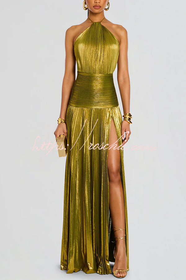 Glamorous Metallic Pleated Fabric Open Back Halter Slit Maxi Dress