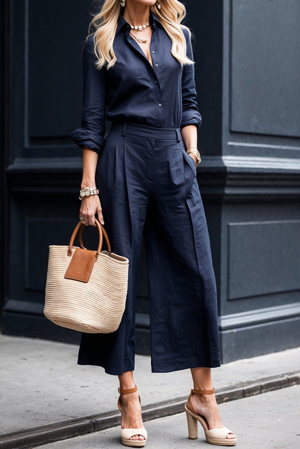 Solid Color Long-sleeved Lapel Casual Shirt and Pocket Loose Wide-leg Pants Set