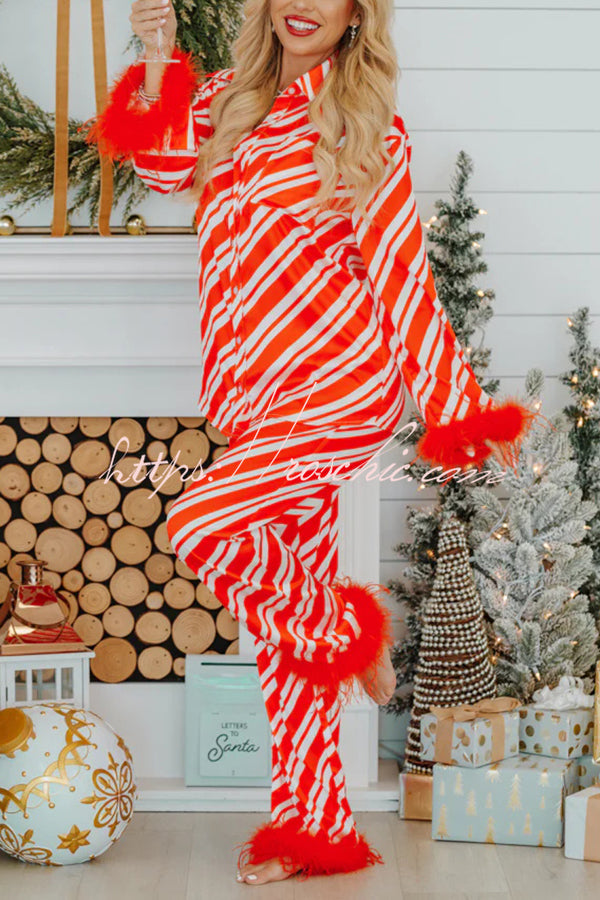 Christmas Party Striped Print Pocket Feather Elastic Waist Pajama Set