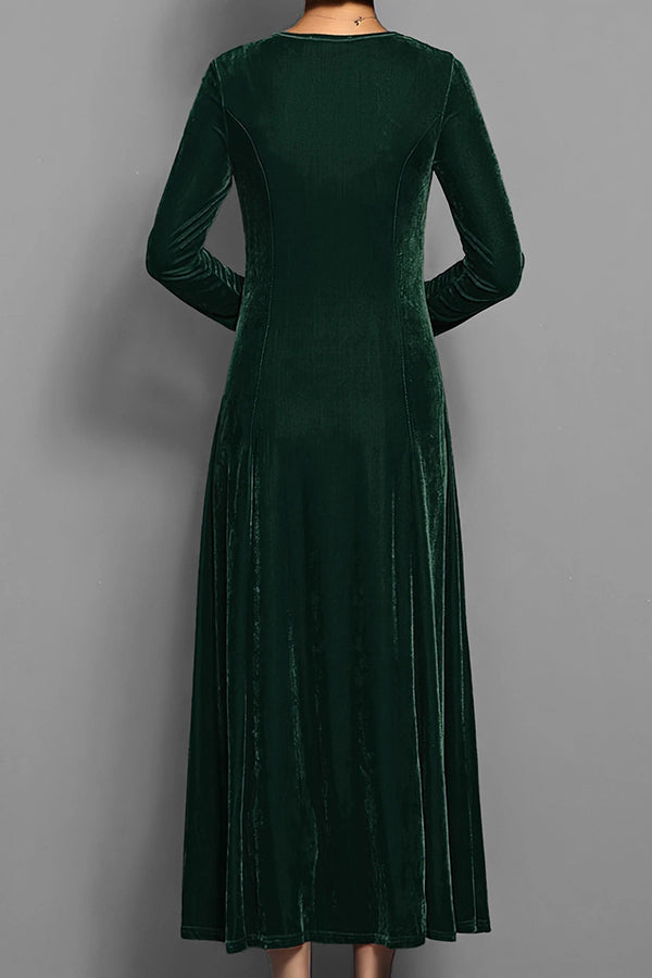 Solid Color Velvet Round Neck Long Sleeve Slim Midi Dress