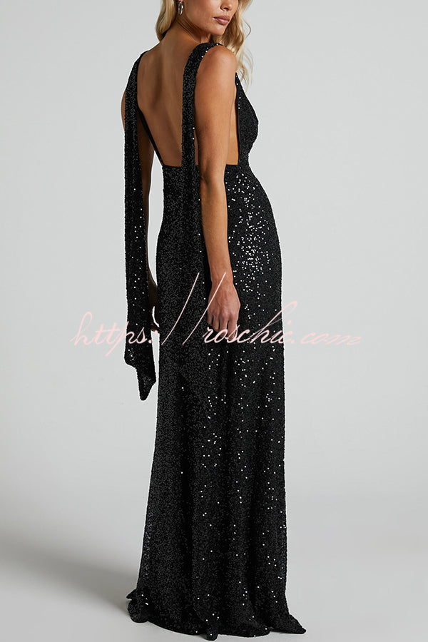 All The Sparkle Sequin Cowl Neck Backless Slit Stretch Maxi Dress