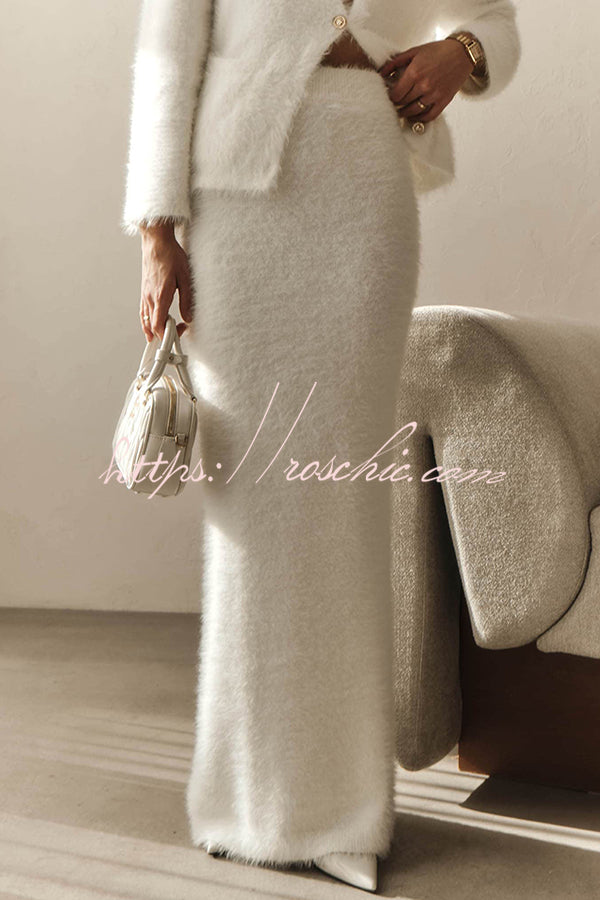 Solid Color Long-sleeved Button-pocket Knitted Jacket and Elegant Long Skirt Set