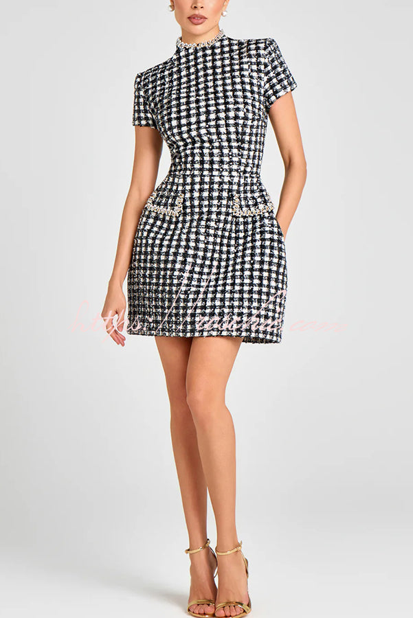 Eve Check Bouclé-tweed Fabric Pearl Trim Short Sleeve Pocketed Mini Dress