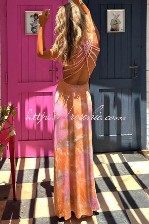 La Bamba Tie-dye Print Back Lace-up Stretch Maxi Dress