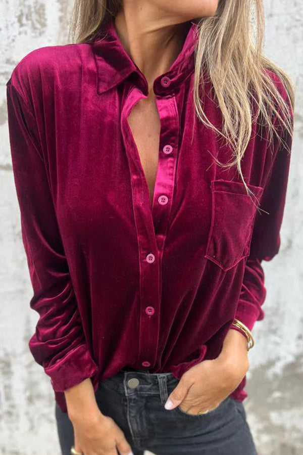 Solid Velvet Long-sleeved Single-breasted Loose Pocket Shirt