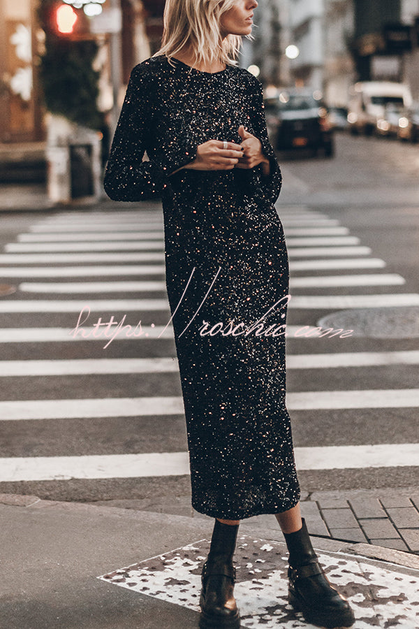 Ignite Sparkly Nights Sequin Extra Long Sleeve Open Back Loose Midi Dress