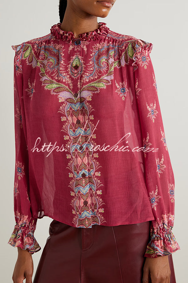 Unique Printed Chiffon Long-sleeved Loose Shirt and Elegant Ruffled Maxi Skirt Set