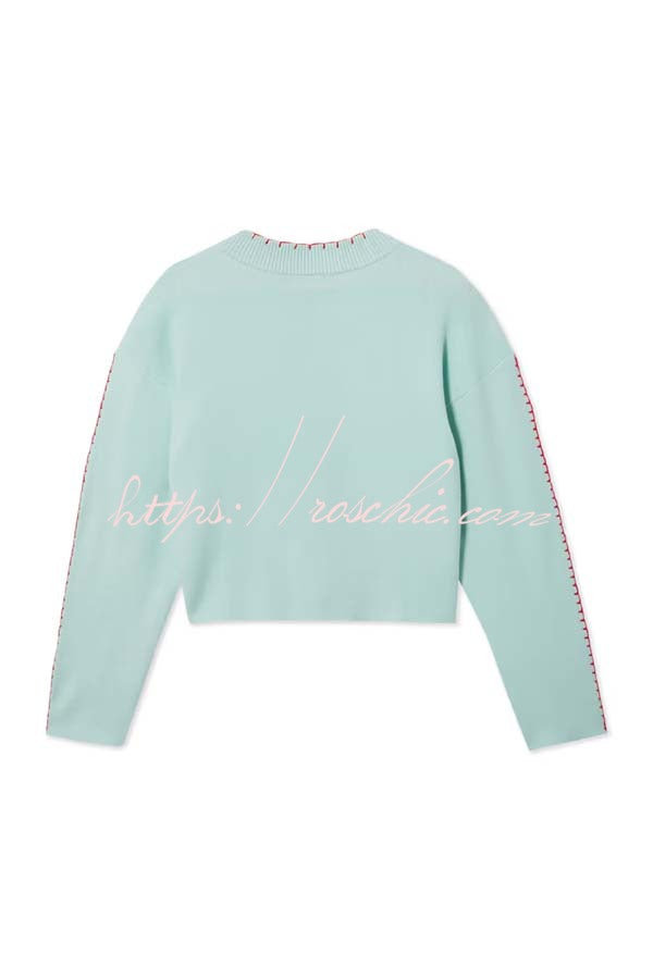 Coastal Fashion Knit Octopus Graphic Contrast Piping Button Up Loose Cardigan