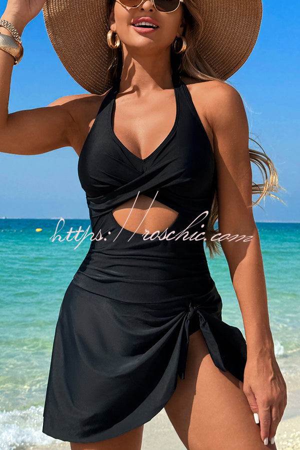 Fashionable Halterneck Waist Hollow Stretch One-piece Swimsuit