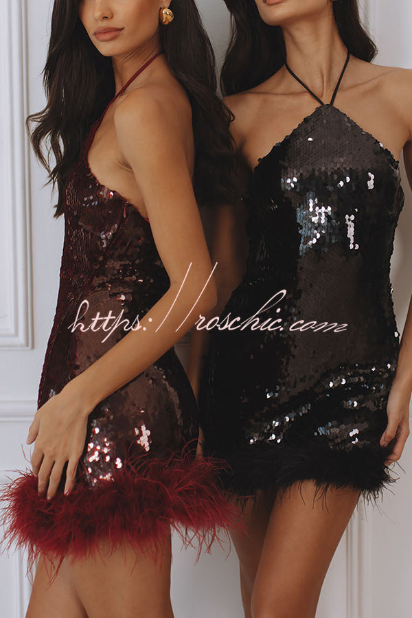 Chic City Sequin Faux Fur Trim Halter Tie-up Mini Dress