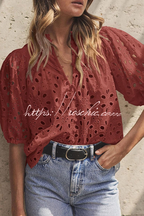 Hollow Embroidered Lace V-neck Buttoned Lantern Sleeve Blouse