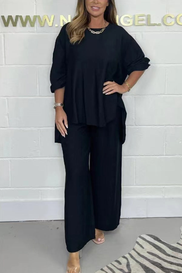 Satin Solid Color Loose Round Neck Top and Elastic Waist Casual Wide-leg Pants Set