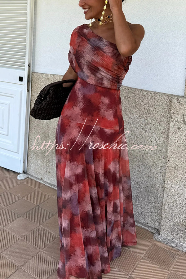 Unique Printed Off-the-shoulder Waisted Holiday Maxi Dress