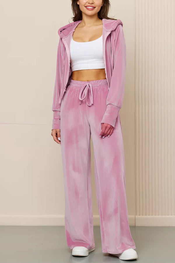 Solid Color Velvet Hooded Zip-up Sweatshirt and Elastic Waist Casual Pocket Straight-leg Pants Set