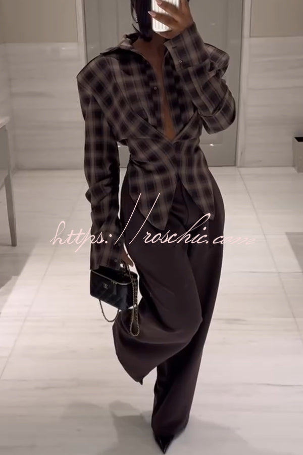 Vintage Plaid Shoulder Pad Buttons Long Sleeve Angled Hem Shirt