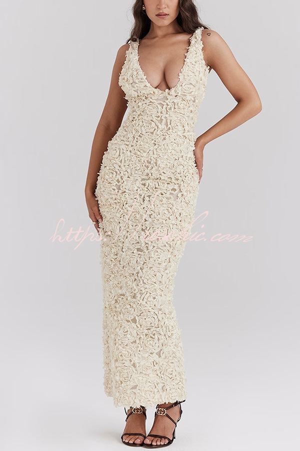 Three-dimensional Flower Sexy V-neck Slim Maxi Dress