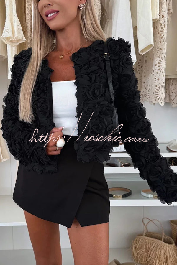 Fashionable Three-dimensional Flower Casual Long-sleeved Cropped Jacket