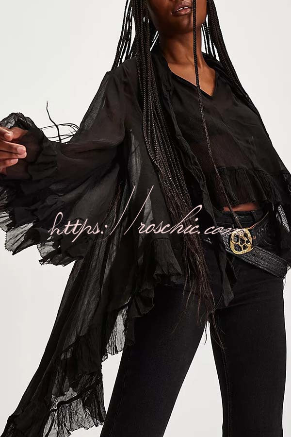 Flowy See-through Ruffle Tie-up Neck Bell Sleeve High-low Hem Cape Shirt