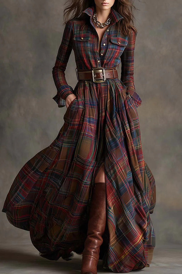 Retro Plaid Print Lapel Long-sleeved Pocket Maxi Dress