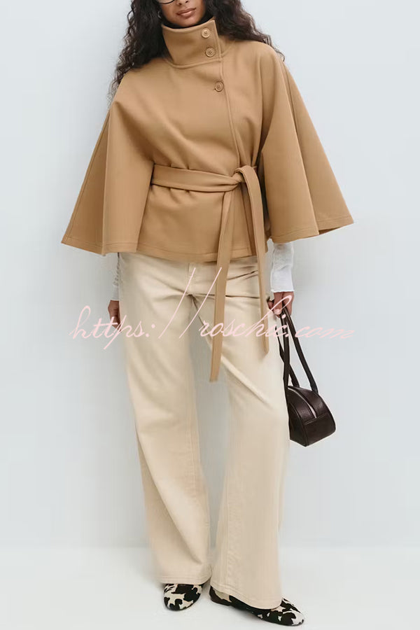 Fashionable Stand Collar Button Waist Tie Loose Cape