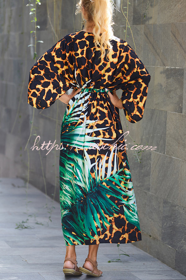 Unique Print Loose Lace Up Holiday Maxi Cover Up