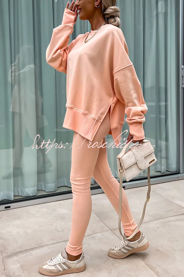 Solid Color Loose Long Sleeve SlitSweatshirt and Elastic Waist Tight Pants Set