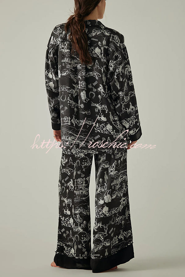 Unique Printed Lounge Long-sleeved Shirt and Elastic Waisted Baggy Pants Set