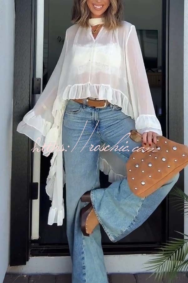 Flowy See-through Ruffle Tie-up Neck Bell Sleeve High-low Hem Cape Shirt